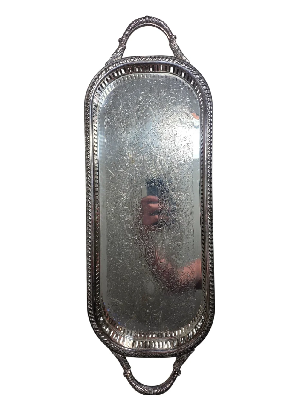 English Silver Silverplate Decorative Serving Tray with Handles